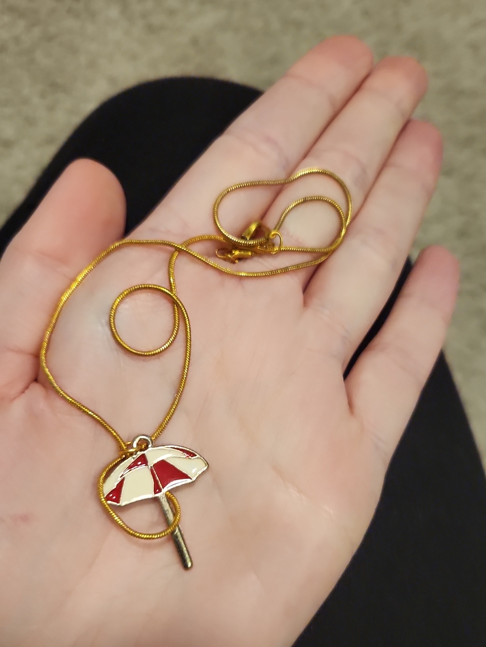 (3 For $15) Gold Colored Necklace with Red and White Umbrella Pendant